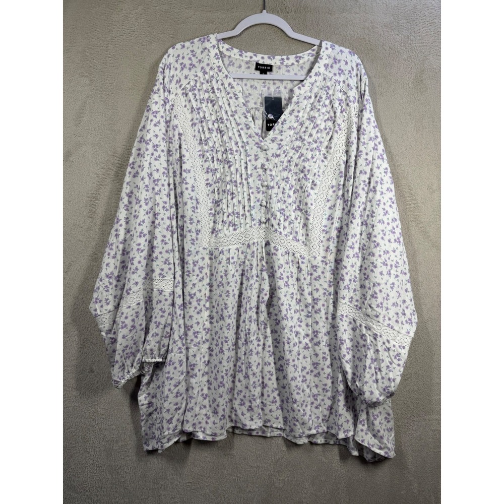 Torrid Crinkle Gauze Pullover Women 5X Purple Ditsy Floral Boho Lace Top